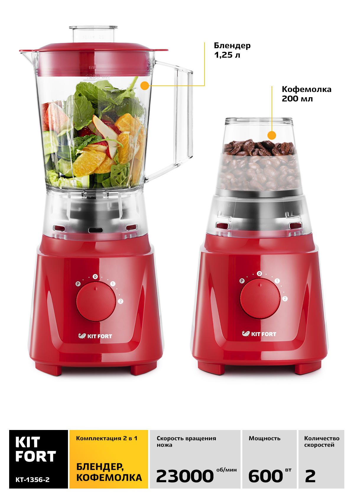 Купить Кухонный комбайн Kitfort KT-1356-2 красный — Фото 2