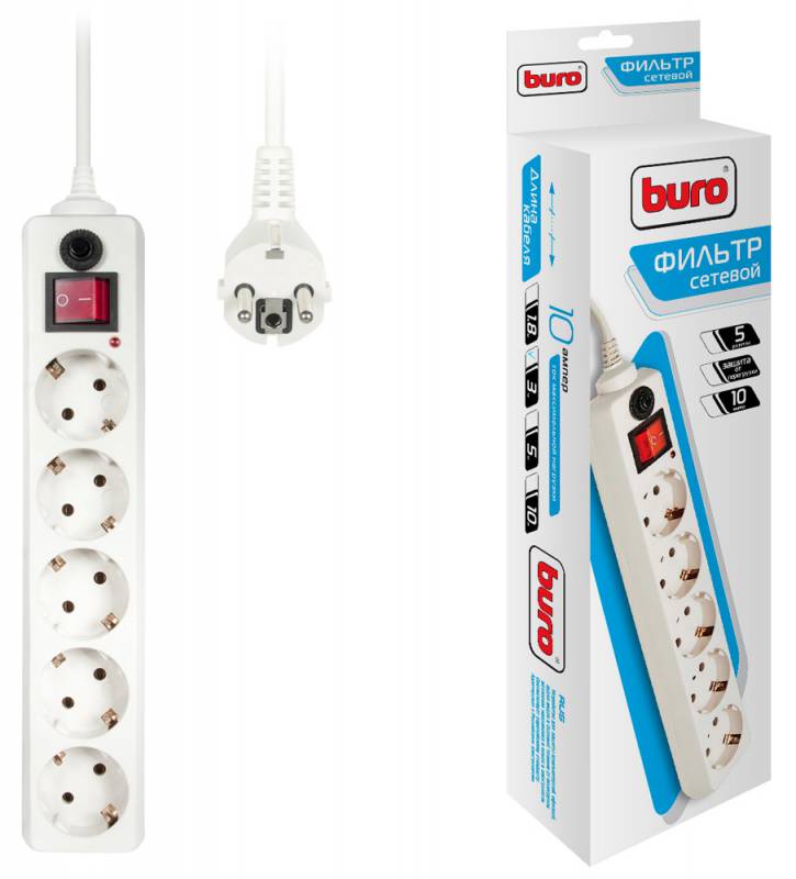  BURO 500SH-3-W (3m 5розеток) белый																		 — описание, фото, цены в интернет-магазине PT Stores